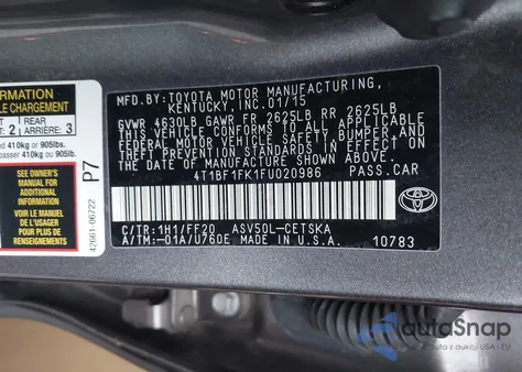 2015 Toyota Camry Se из США, поврежденный, VIN 4T1BF1FK1FU020986